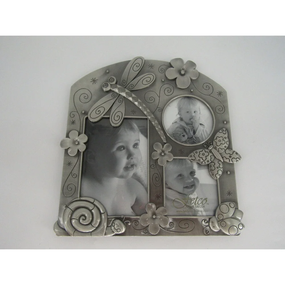 Fetco Picture Frame Silver Dragonfly Butterfly Flower 3-Opening Pewter Cottage